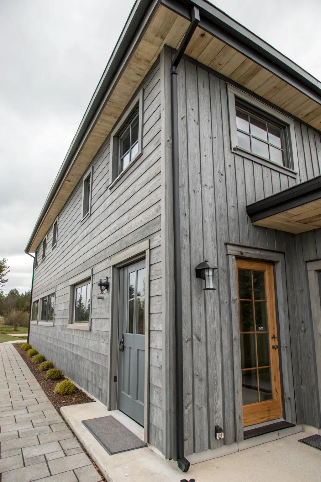 A textured grey facade with cedar and metal.