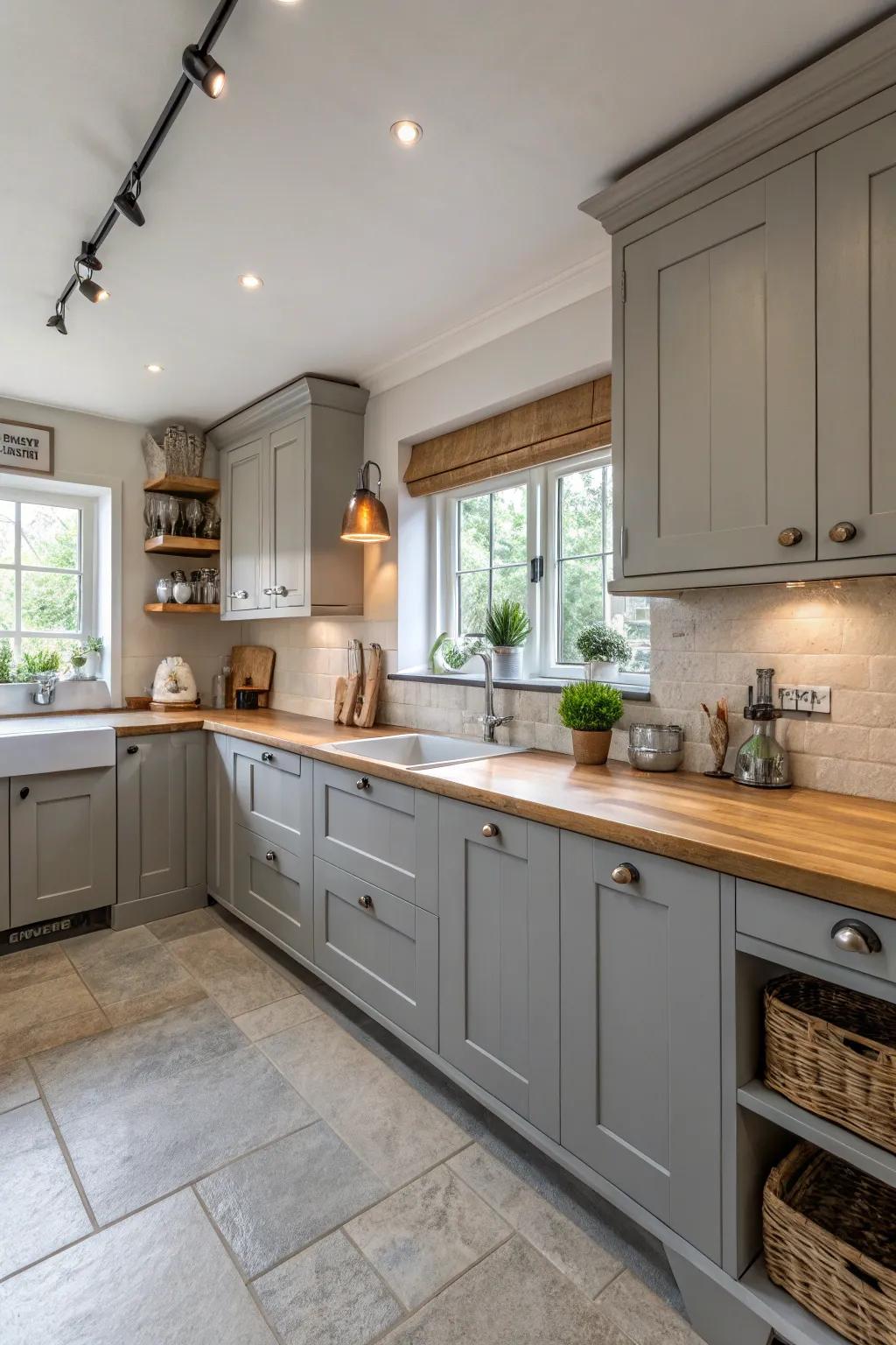 Wooden elements introduce warmth and texture to a grey kitchen.