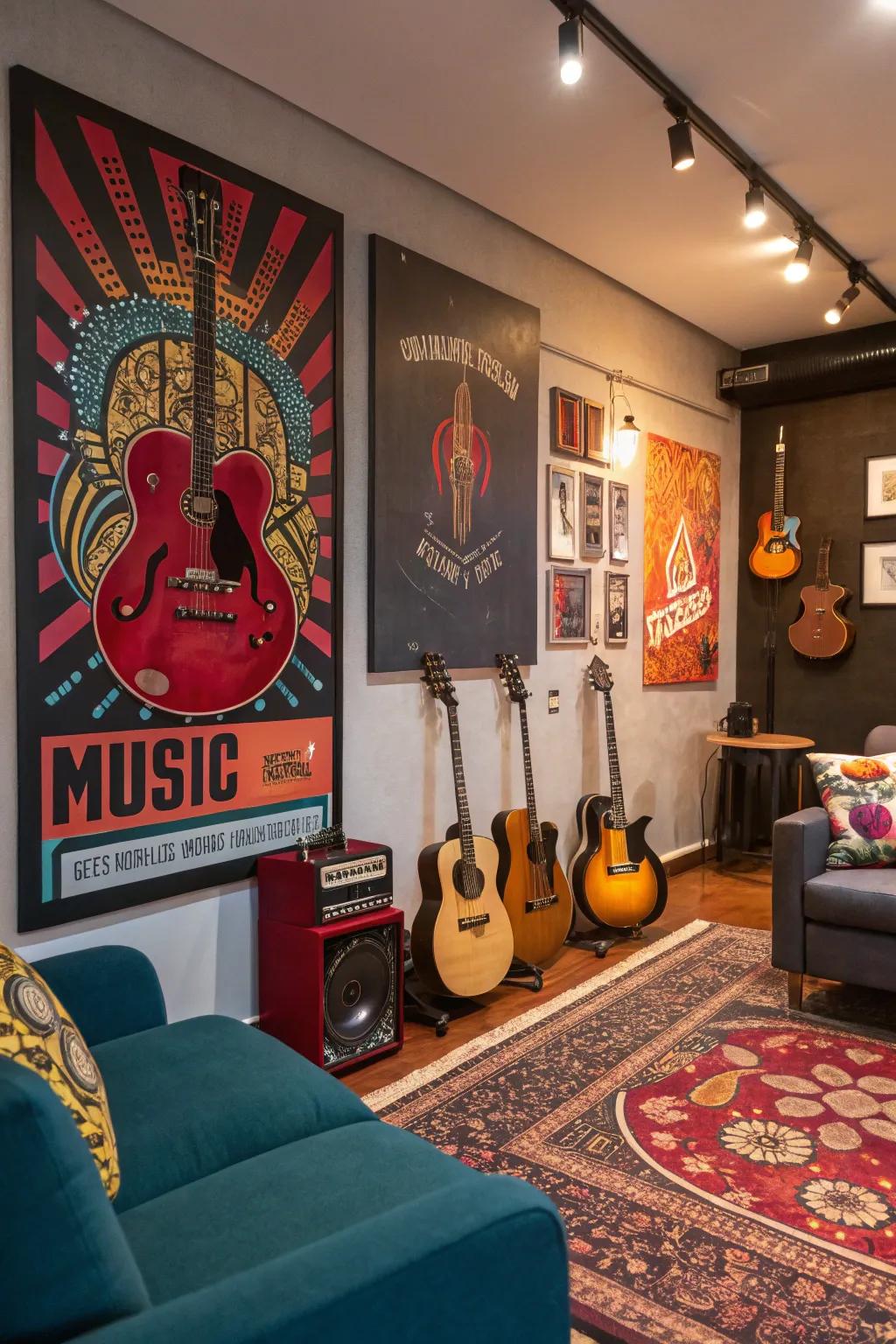 Music-inspired art adding flair to the guitar room.