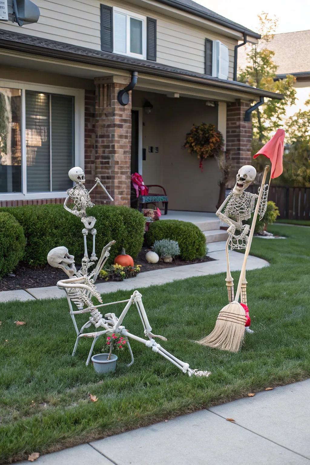 Skeletons add a touch of humor to your Halloween display.