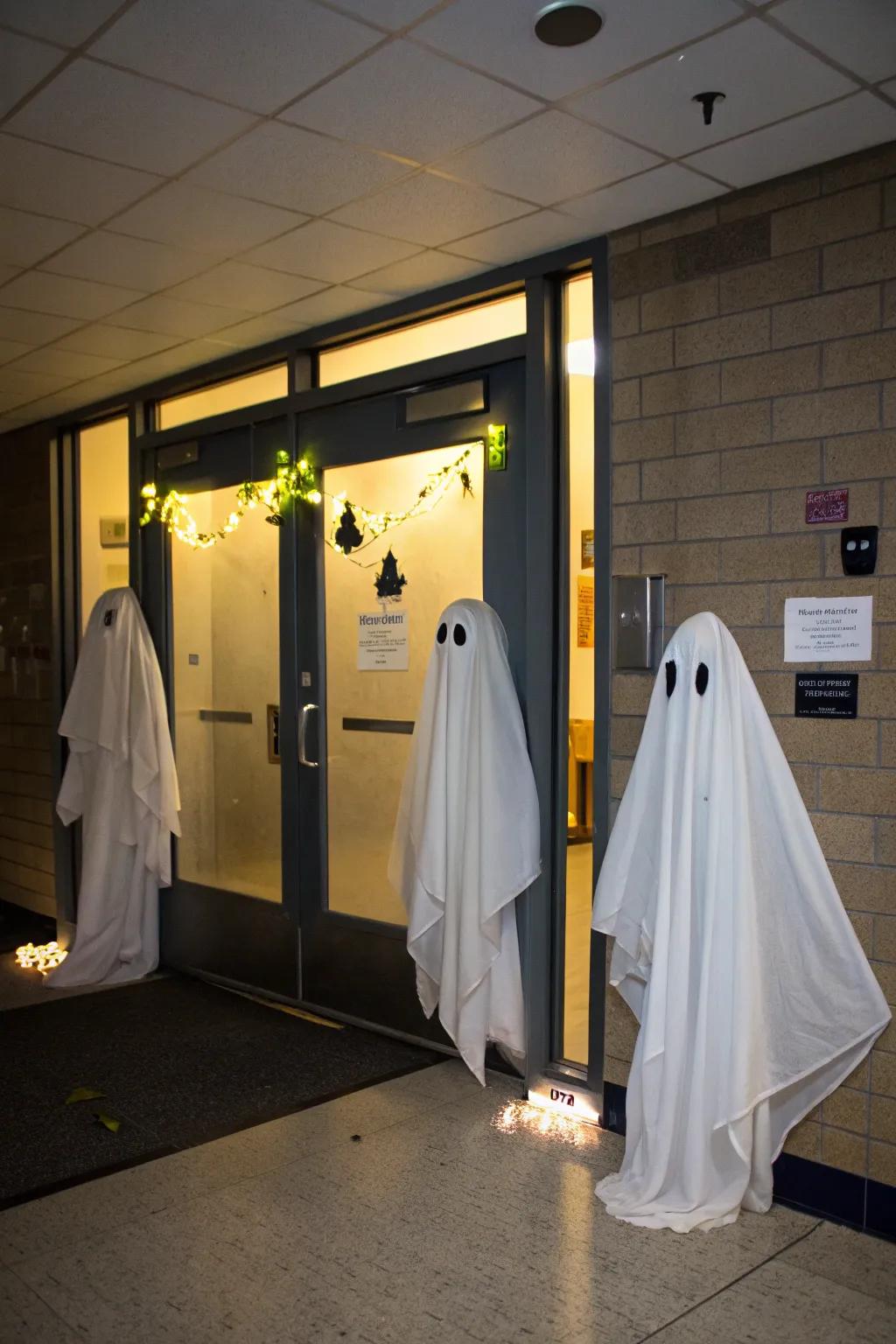 Floating ghosts creating a spooky yet playful door decoration.