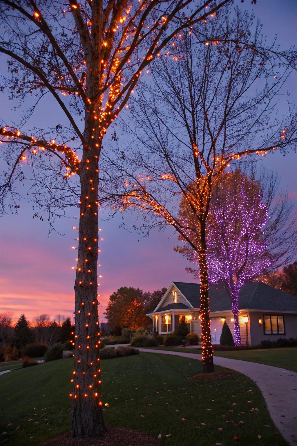 String lights cast a magical glow, enhancing the Halloween spirit.