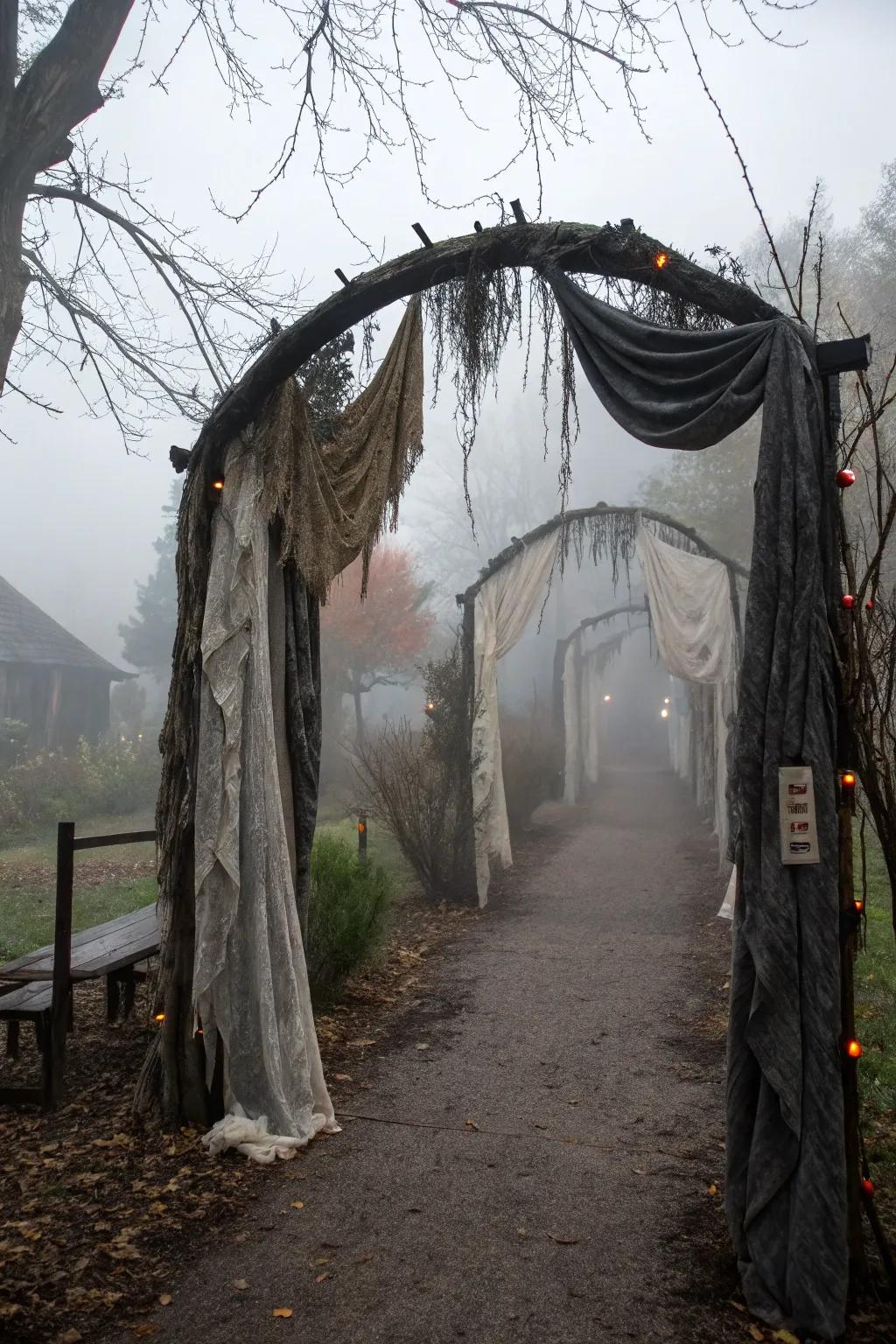 A foggy entrance beckons visitors into the Halloween trail.