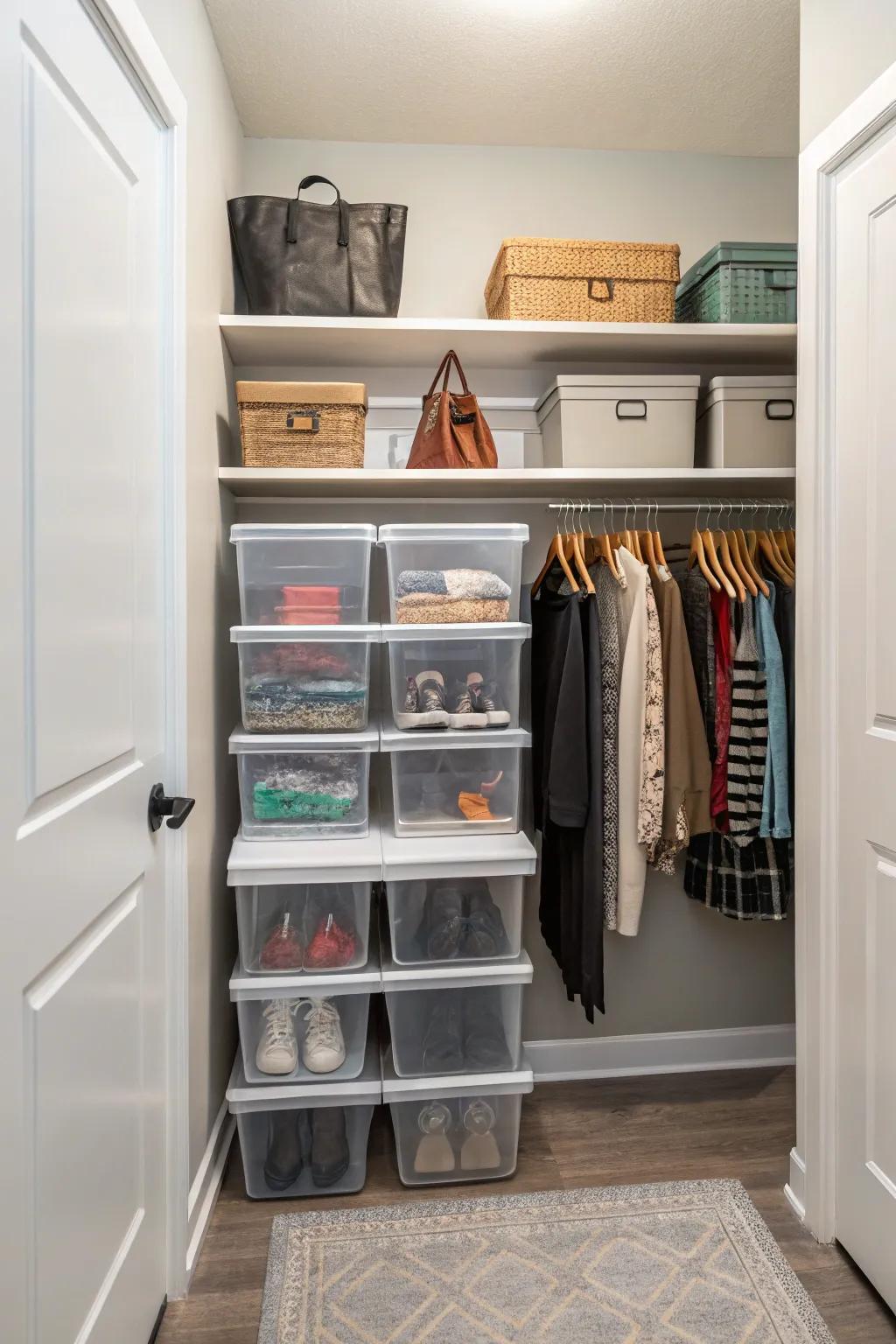 Clear storage bins in a hallway closet for easy identification of contents.