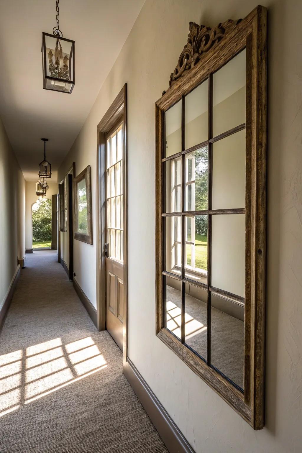 Windowpane mirrors add depth and light to any hallway.