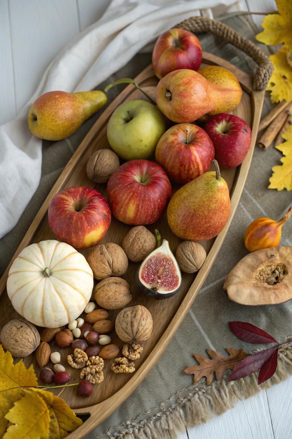 A bountiful harvest platter with seasonal fruits and nuts.