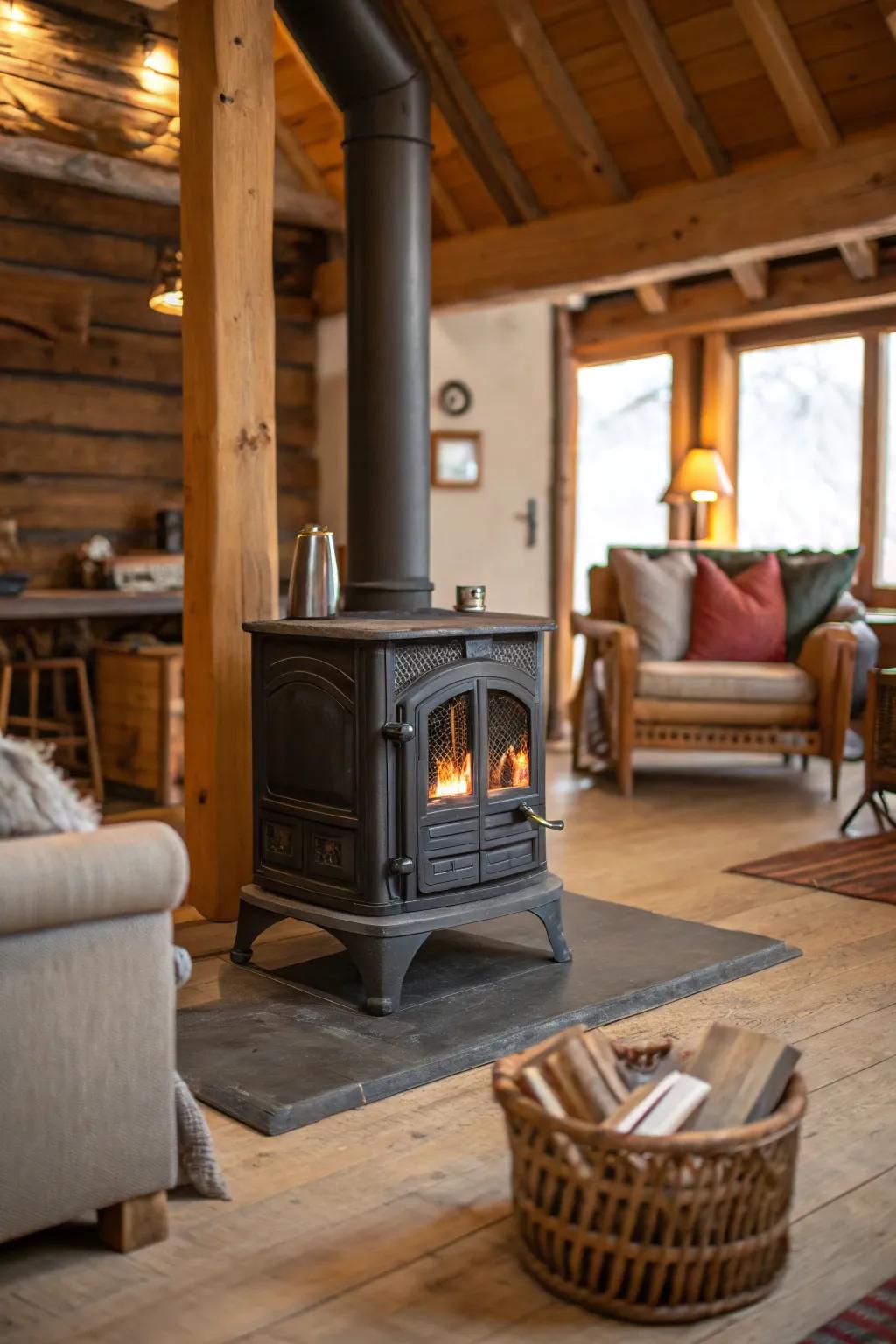 A rustic room featuring a classic wood-burning stove, perfect for a cabin-like atmosphere.