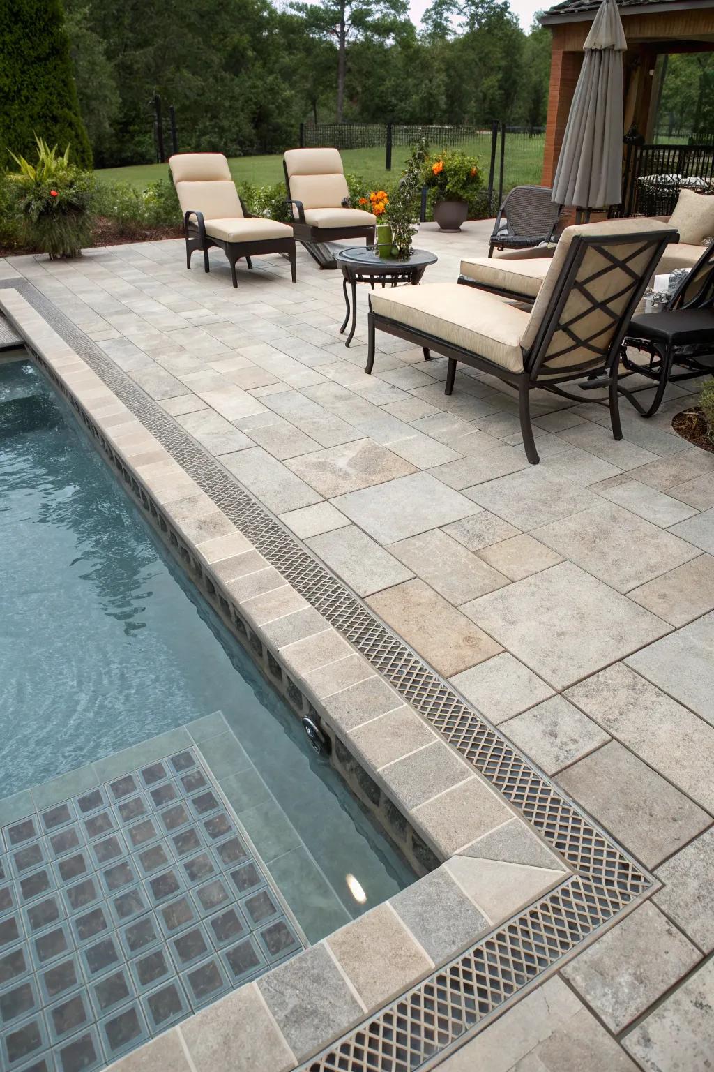 A pool deck with tile-in drains for a seamless surface look.