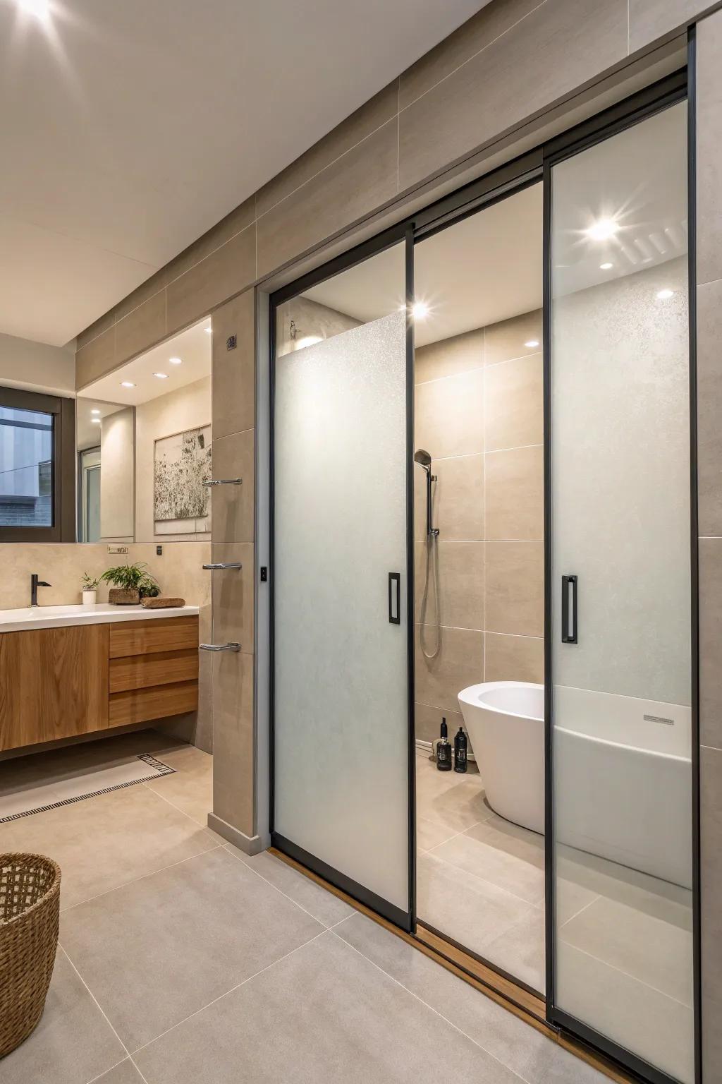 Sliding panel doors provide a sleek and hidden shower solution.