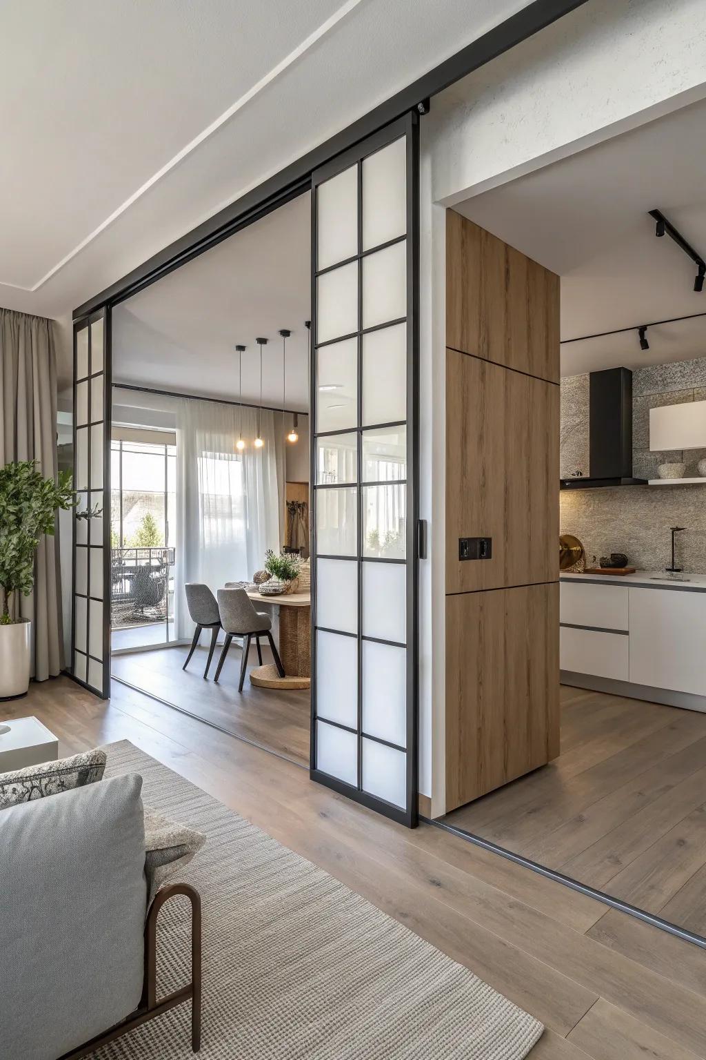 Sliding doors as room dividers offer flexibility and style in open-plan spaces.