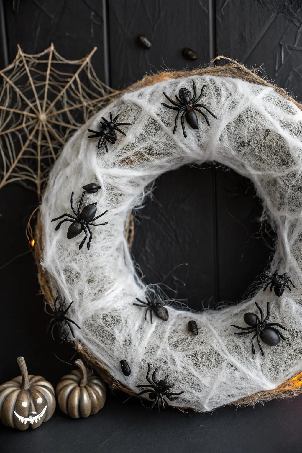 A spooky spider web wreath to intrigue and delight.