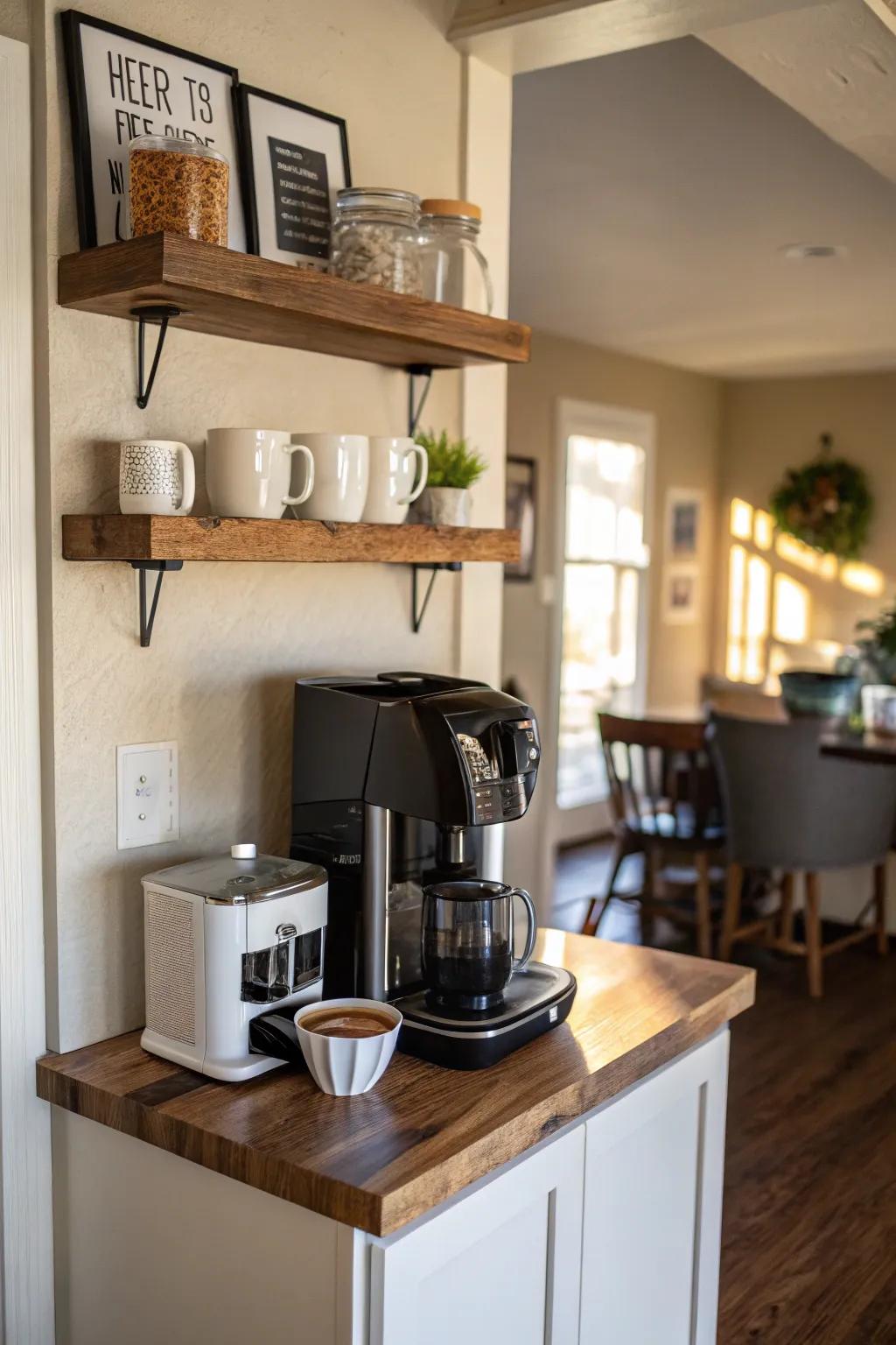 A compact corner coffee station offers a cozy retreat for coffee time.