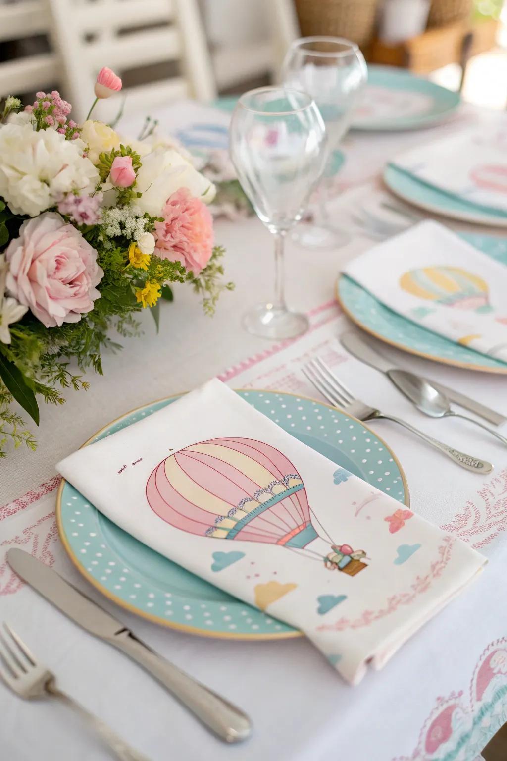 An inviting table set with hot air balloon-themed elements.