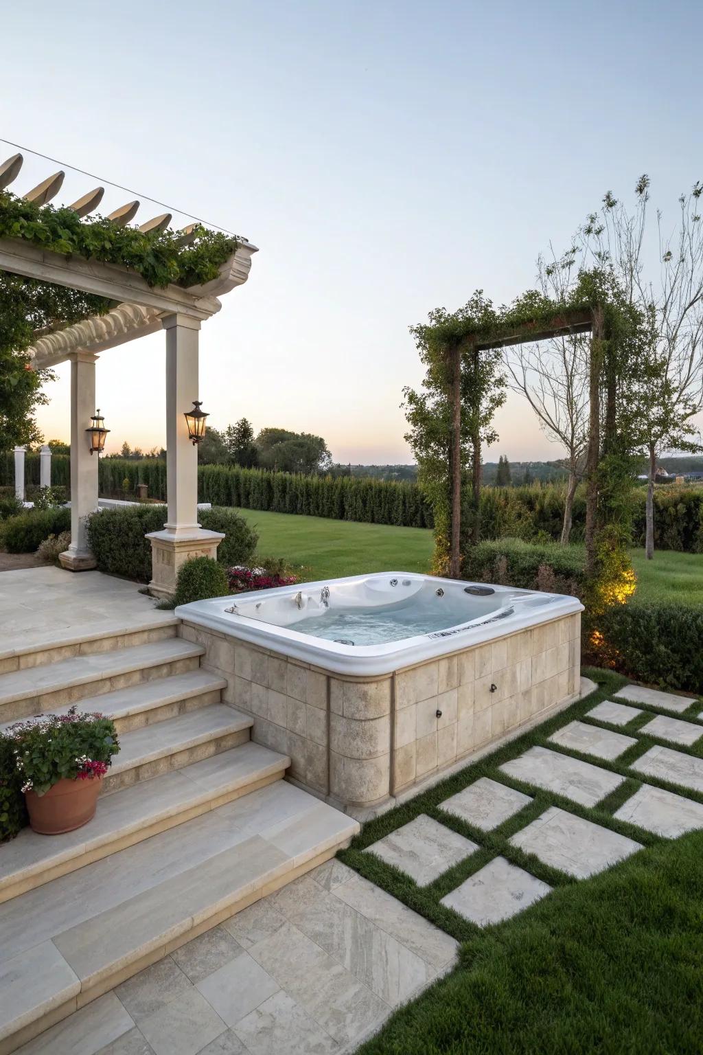 A hot tub with luxurious stone surrounds, exuding elegance.