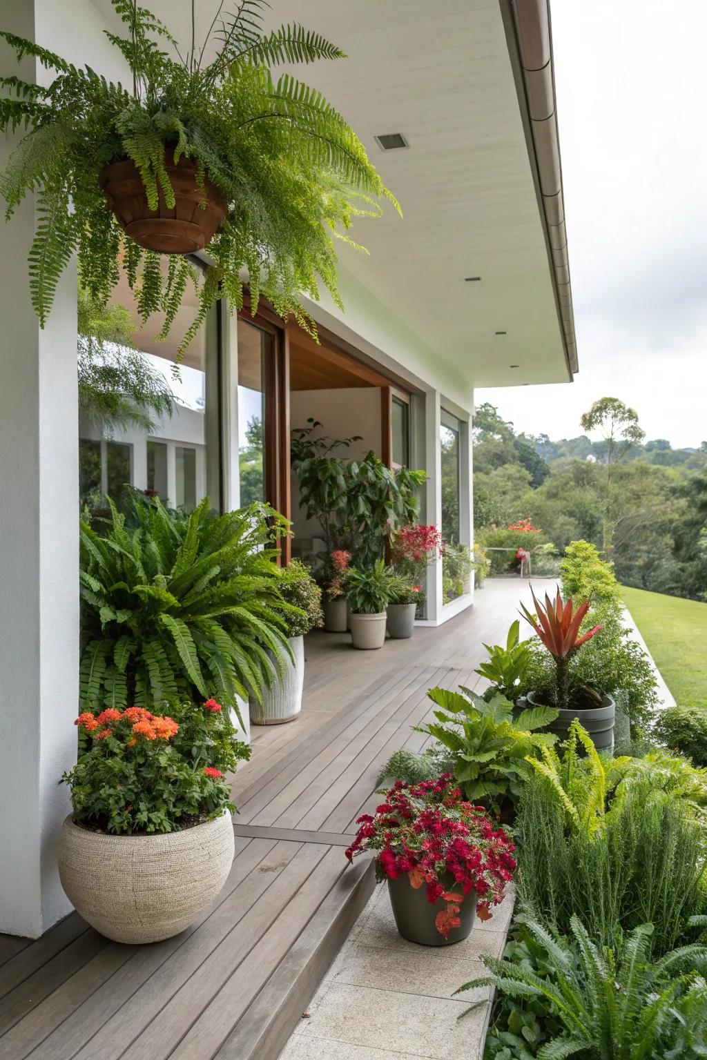 Lush greenery breathes life into this modern porch setting.