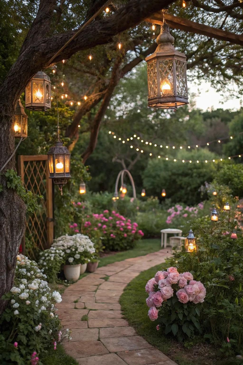 Create a magical outdoor oasis with hanging lanterns and fairy lights.