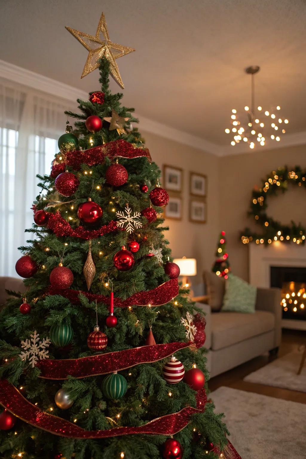 A classic Christmas tree featuring red and green decorations for a timeless appeal.