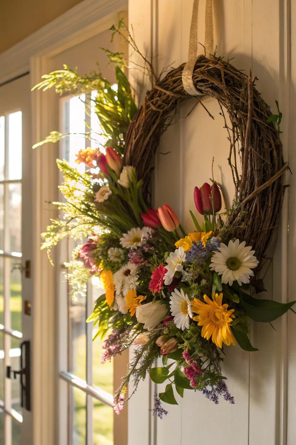 A spring wreath bursting with life and color.