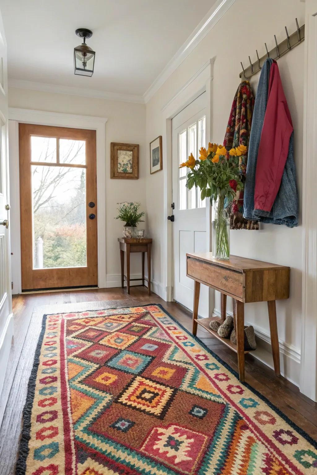 A colorful rug adds warmth and definition to the entryway.