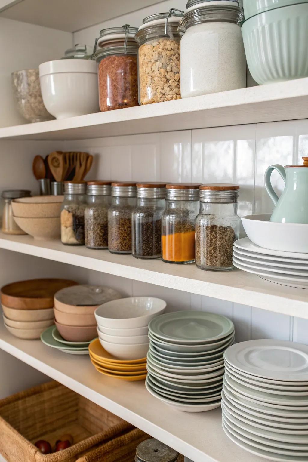 Tiered shelving efficiently organizing kitchen essentials.