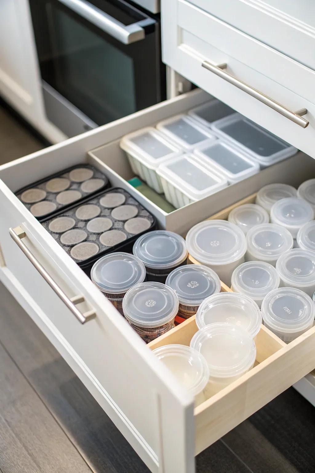 Drawer with dividers creating compartments for plastic containers and lids.