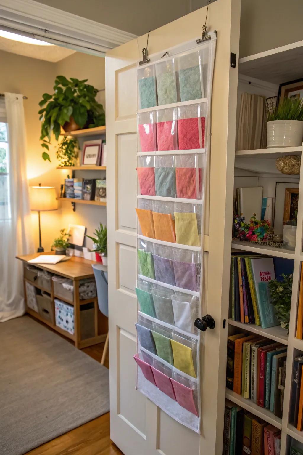 A space-saving over-the-door organizer for tissue paper.