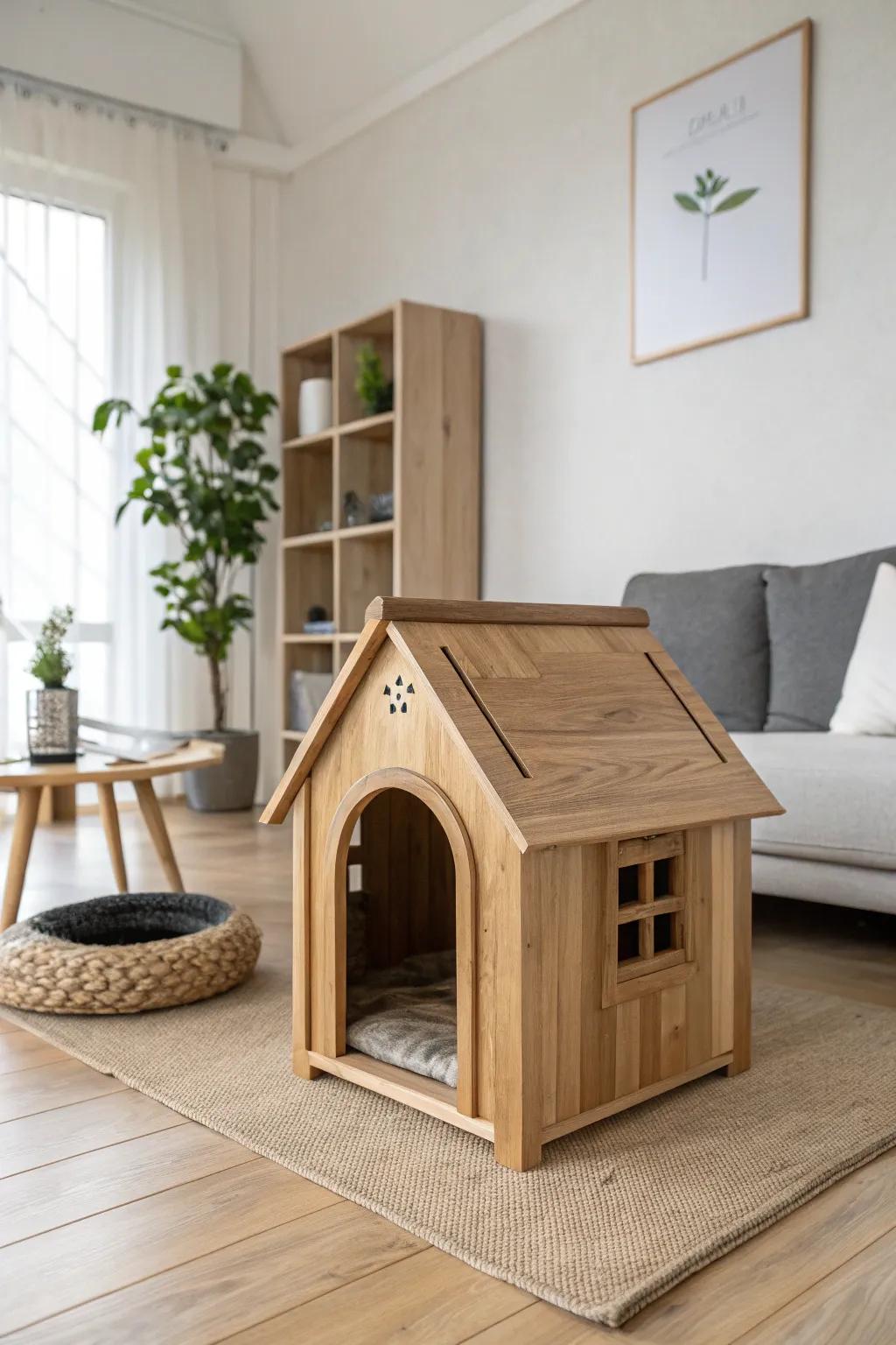 A chic wooden retreat for your feline companion.