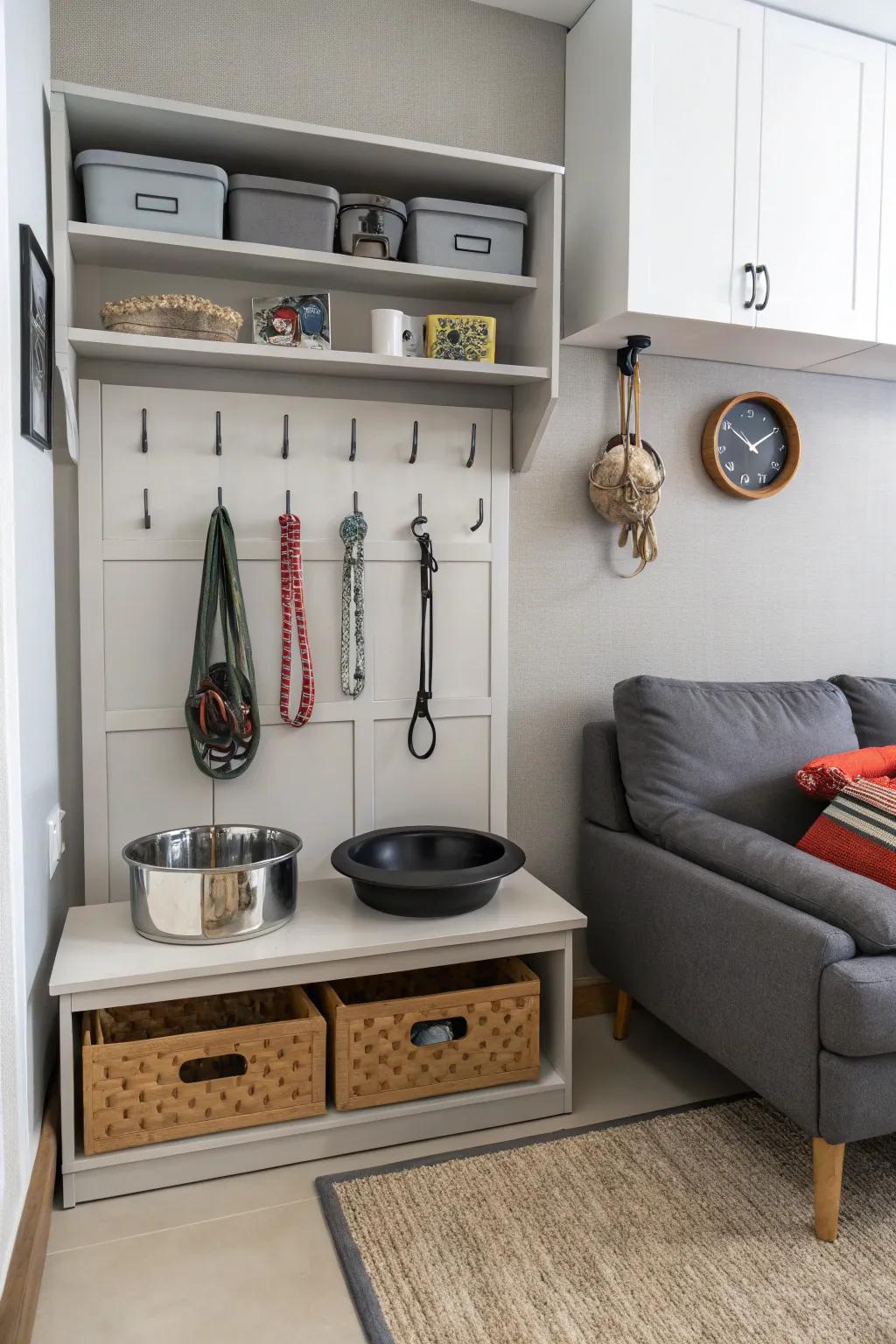 Efficient wall-mounted storage for pet essentials.