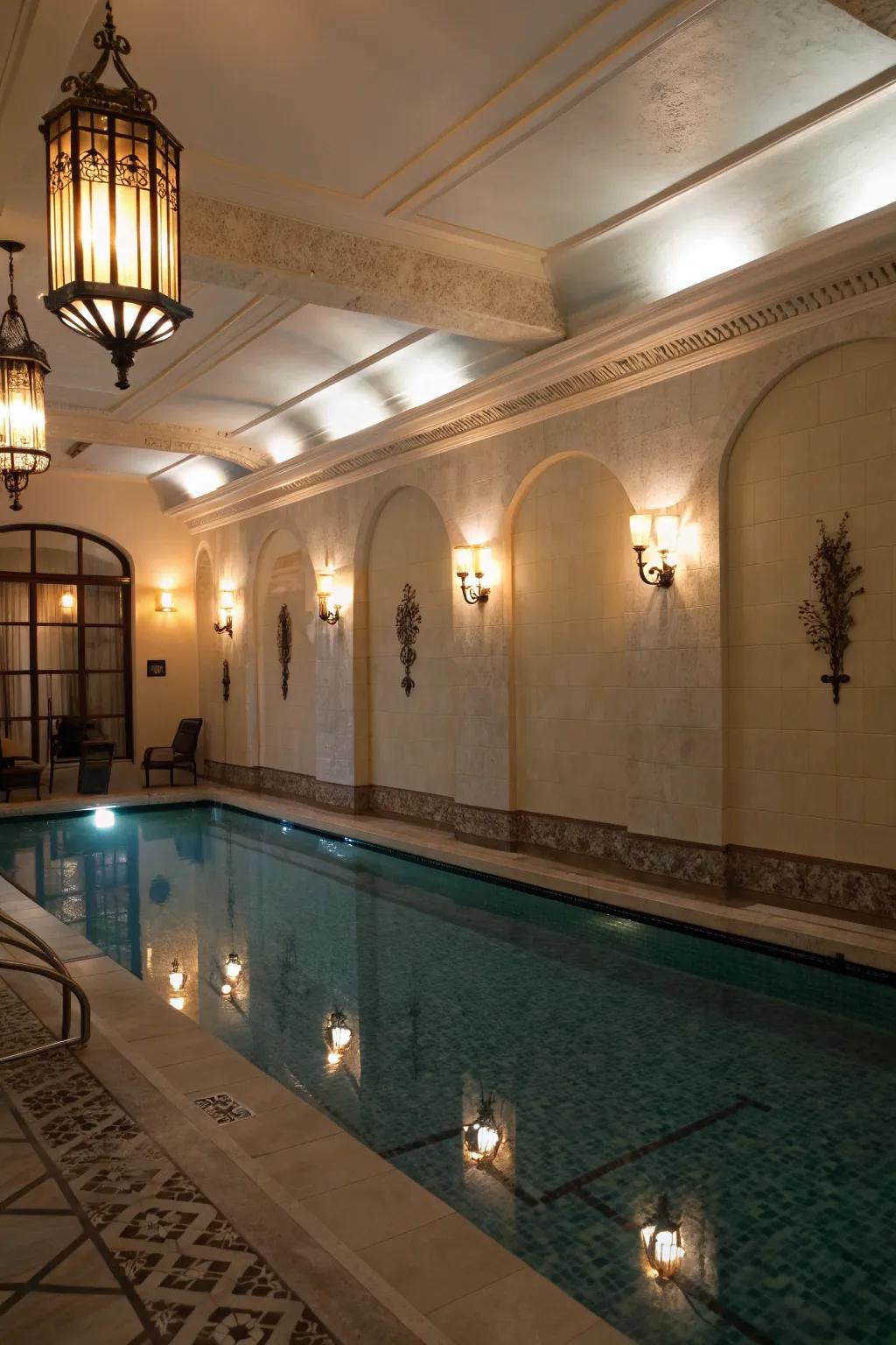 An indoor pool with soothing ambient lighting