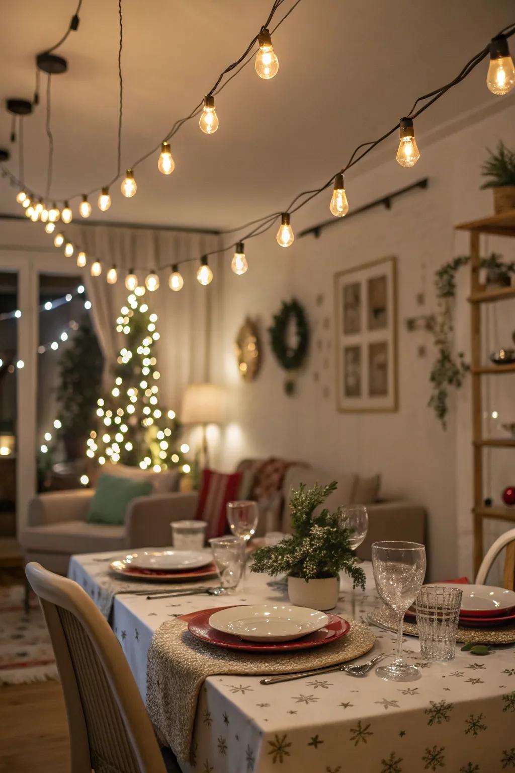 Enhance your dining experience with festive string lights above the table.