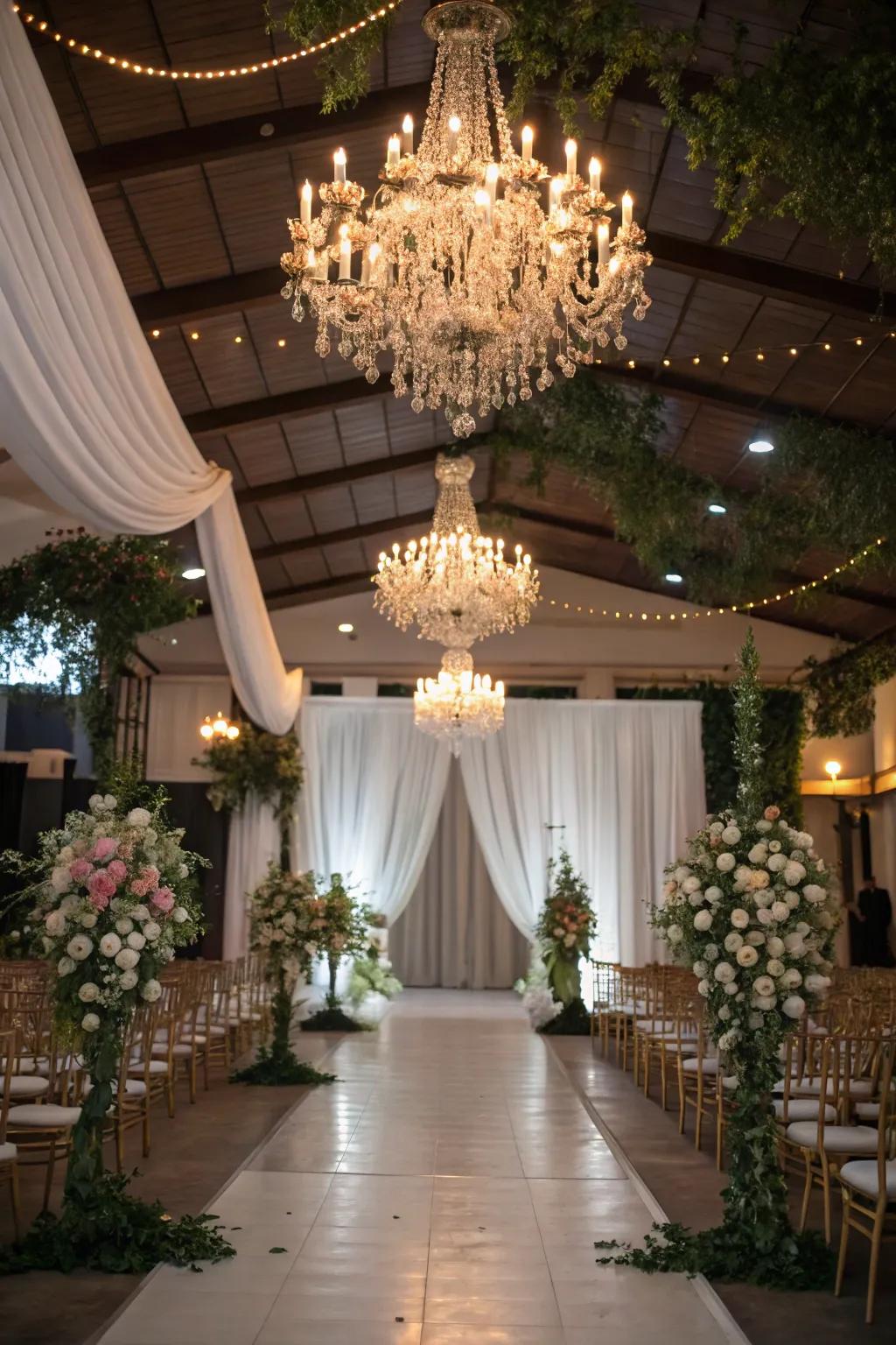 Chandeliers adding a sophisticated touch to the wedding decor.