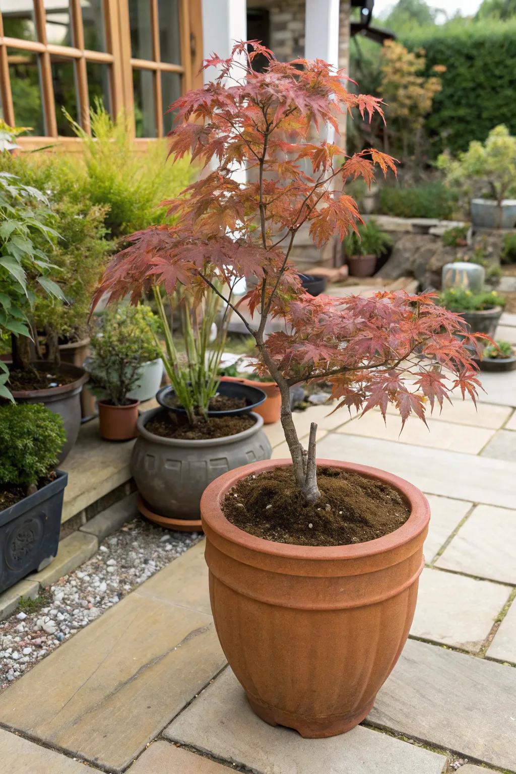 A Japanese maple bringing warmth in a terracotta pot.