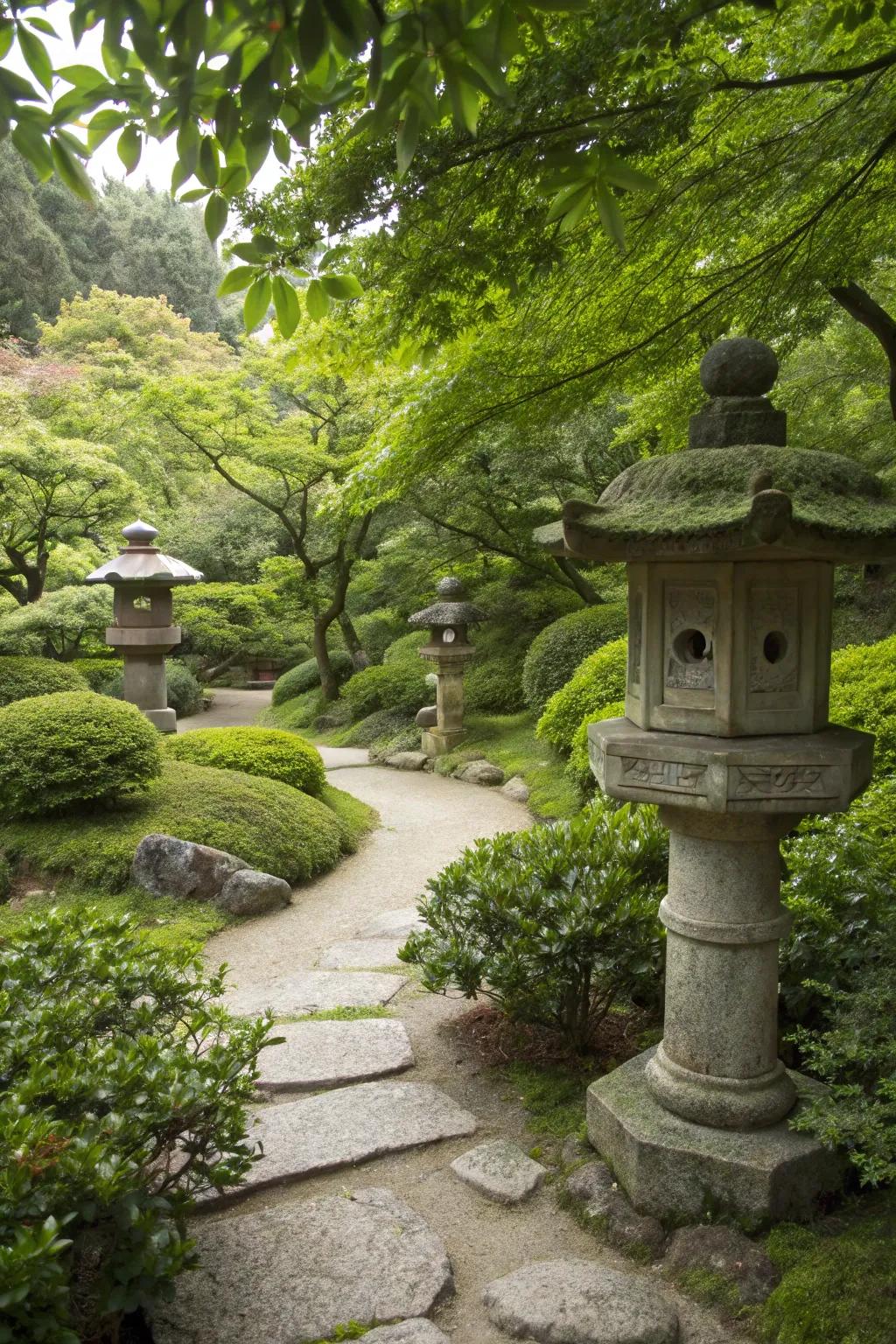 Traditional stone lanterns amidst foliage in a Japanese garden.