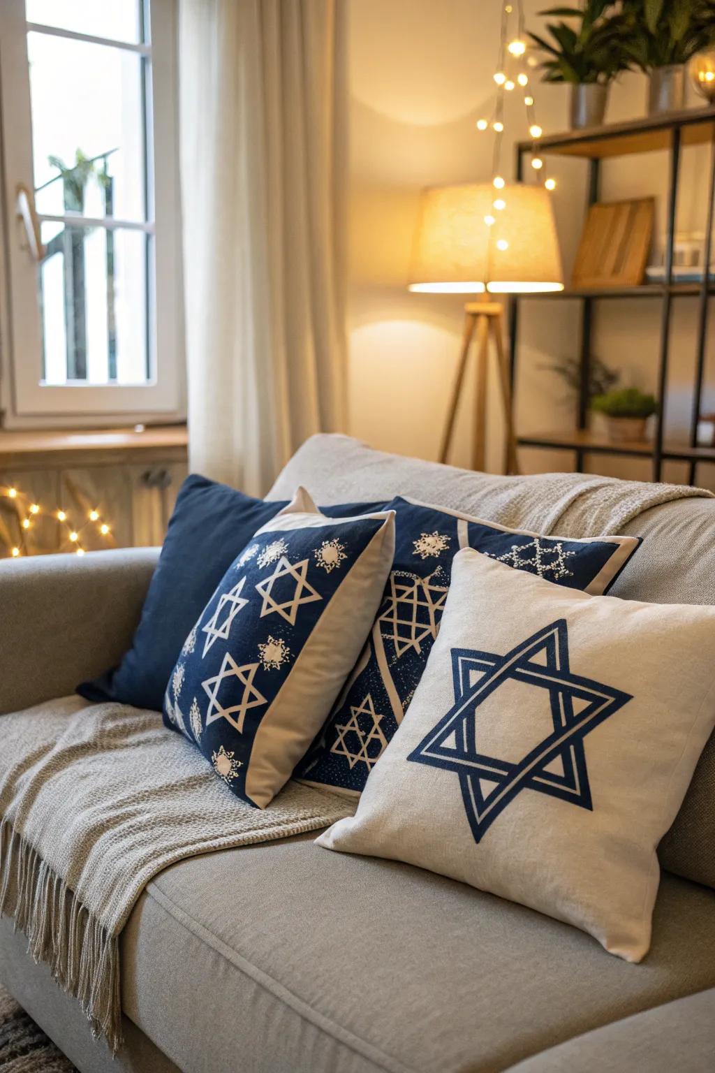 Cozy throw pillows bringing tradition to a modern sofa.