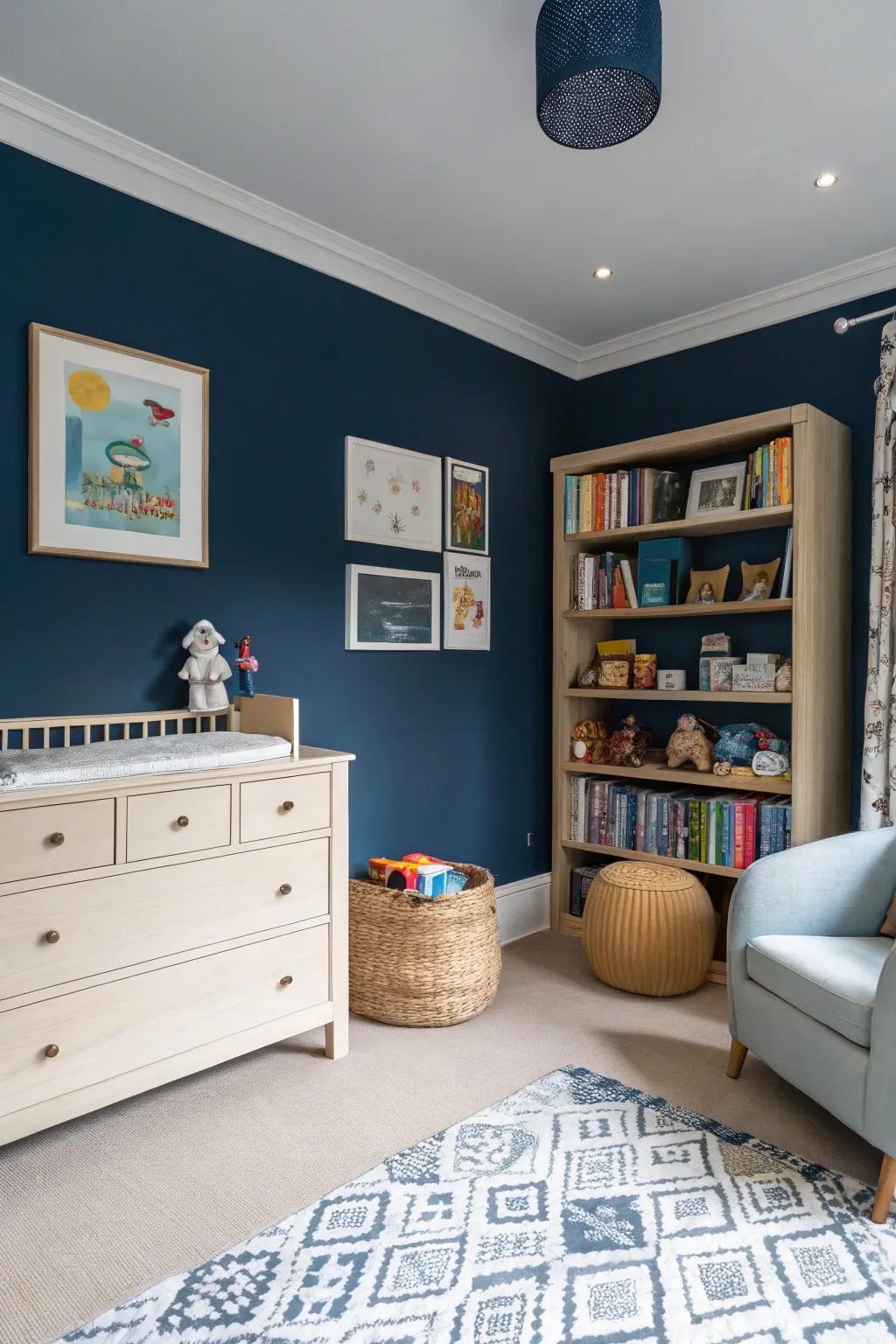 Navy walls paired with light furniture create a classic contrast.