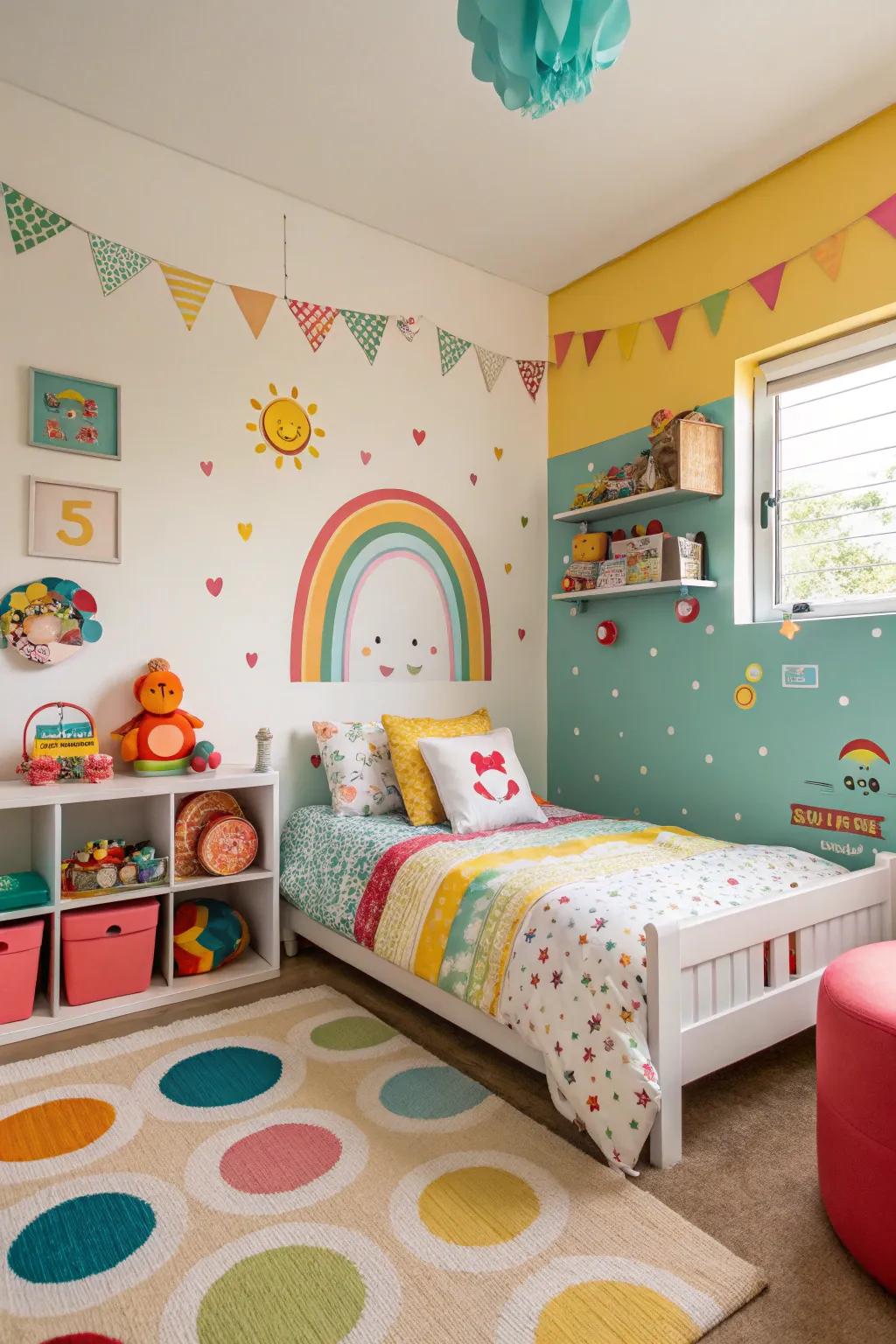 Vivid colors breathe life into this cheerful kids' room design.