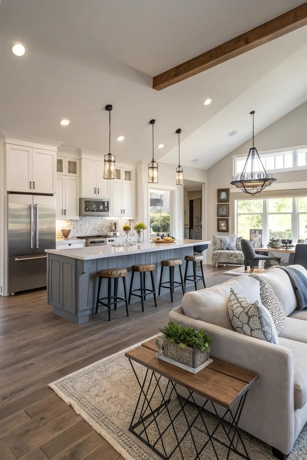 An open-concept space with a harmonious flow between kitchen and living room.