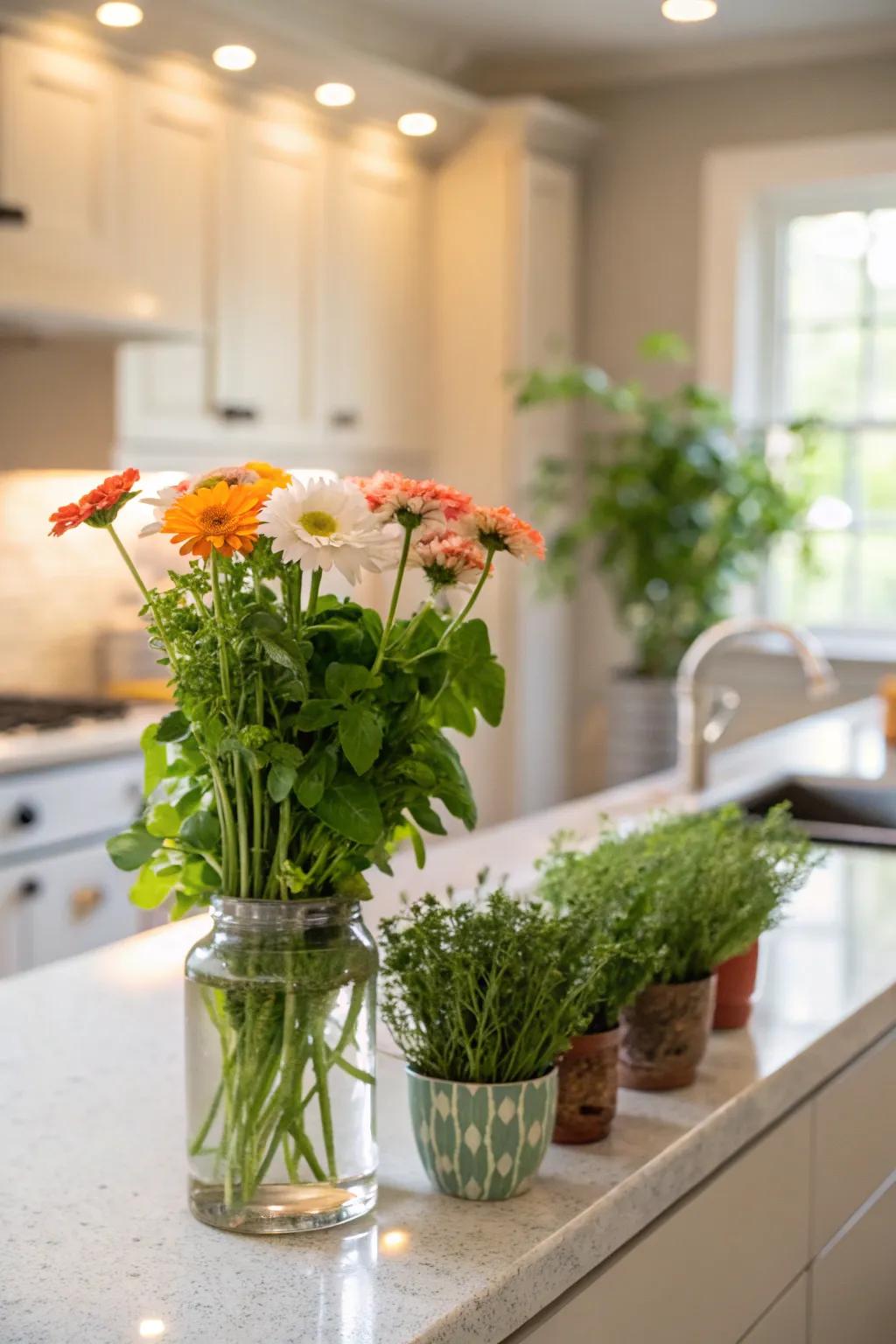 Greenery and florals bringing life to the kitchen.