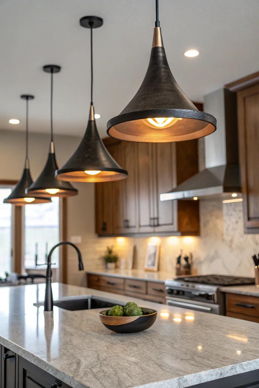 Pendant lighting adds both style and function to the kitchen.