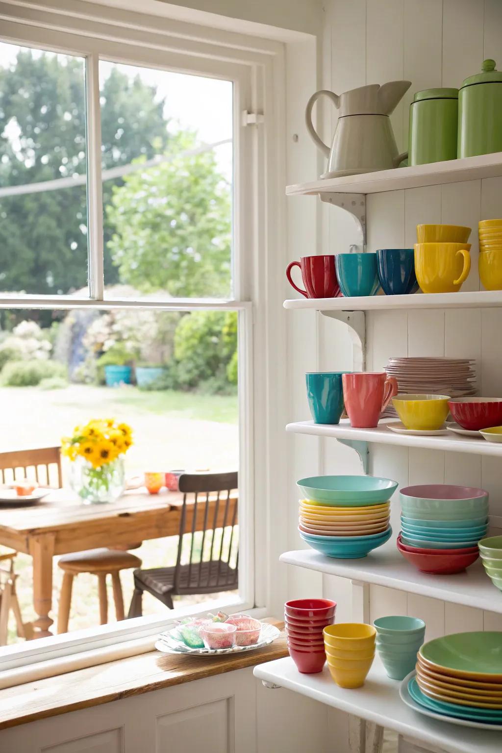 Colorful dishware displayed on kitchen window shelves, adding personality to the space.