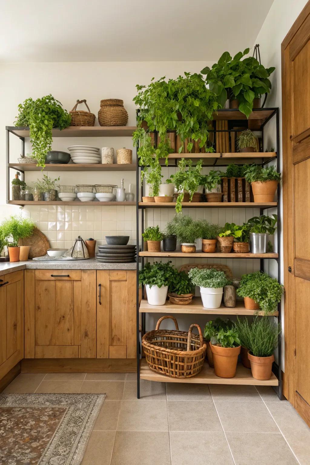 Combine greenery and kitchenware with stylish shelving.