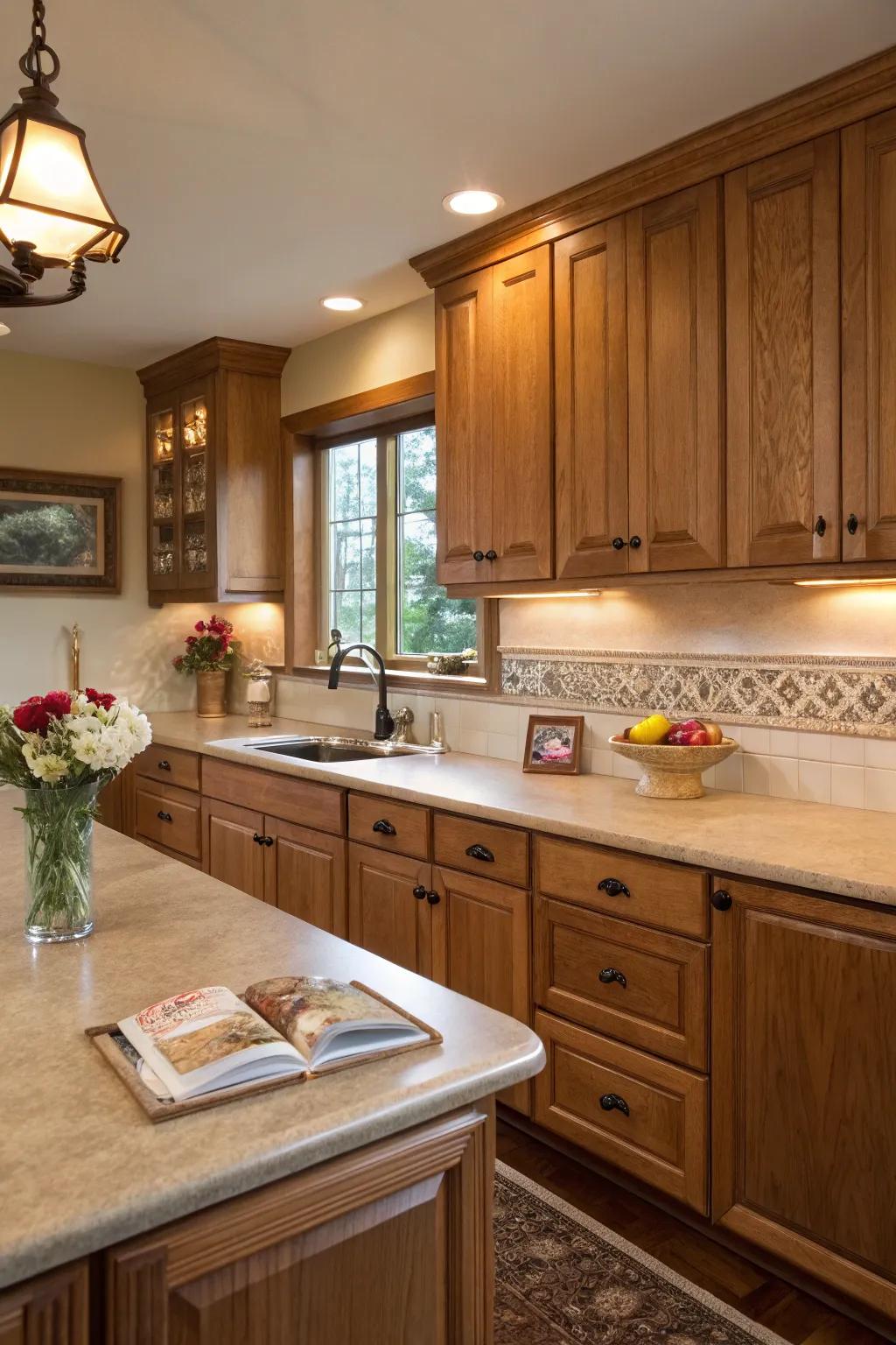 Wood-look laminate countertops offer warmth and charm.