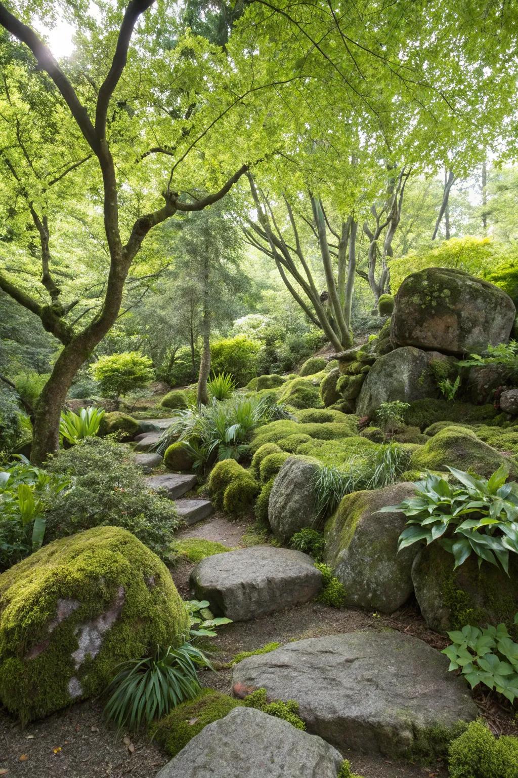 A beautifully arranged rock garden in the woods.