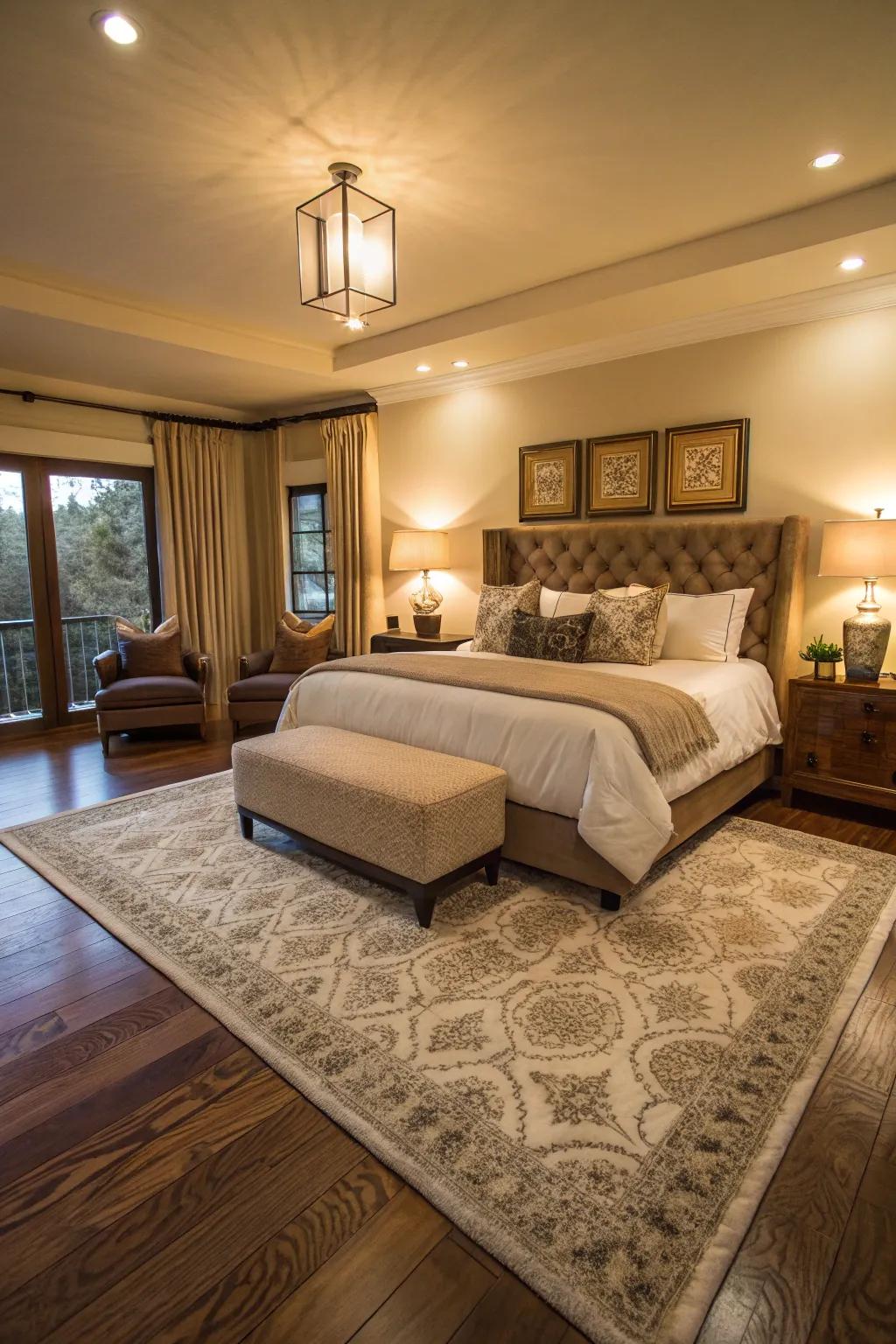 Rugs define distinct areas, creating comfort and style in a large bedroom.