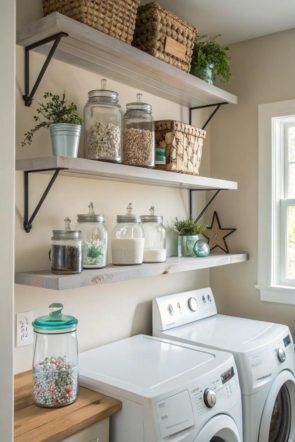 Floating shelves offer both style and functionality.