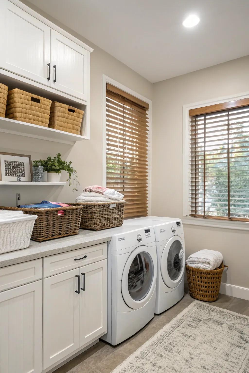 Faux wood blinds offer durability and style.
