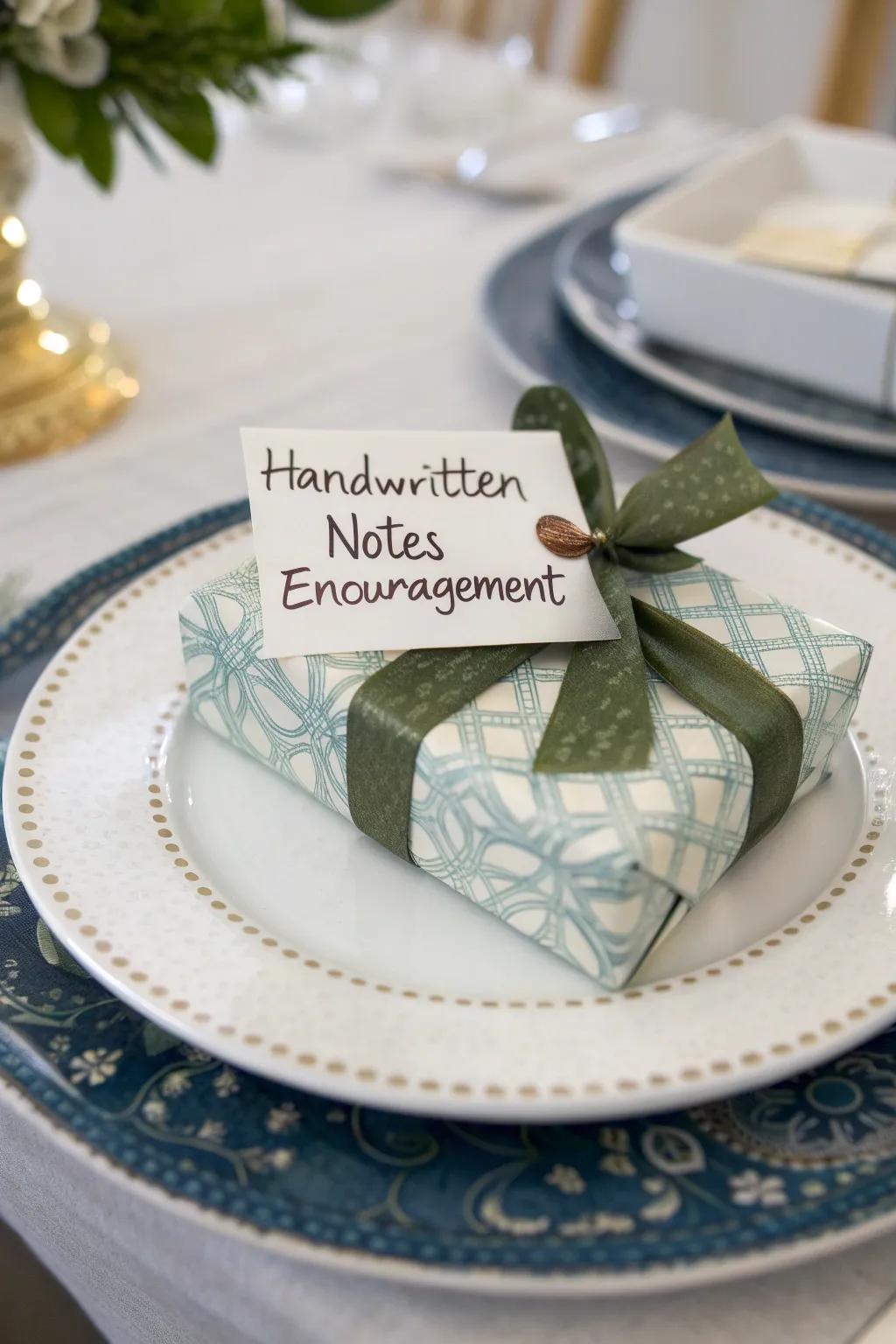 A beautifully wrapped plate with handwritten messages, perfect for gifting.