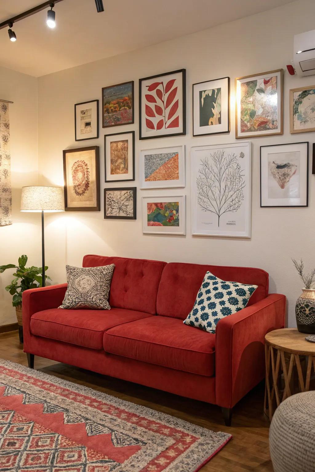 Wall art adds depth and complements the bold statement of a red couch.