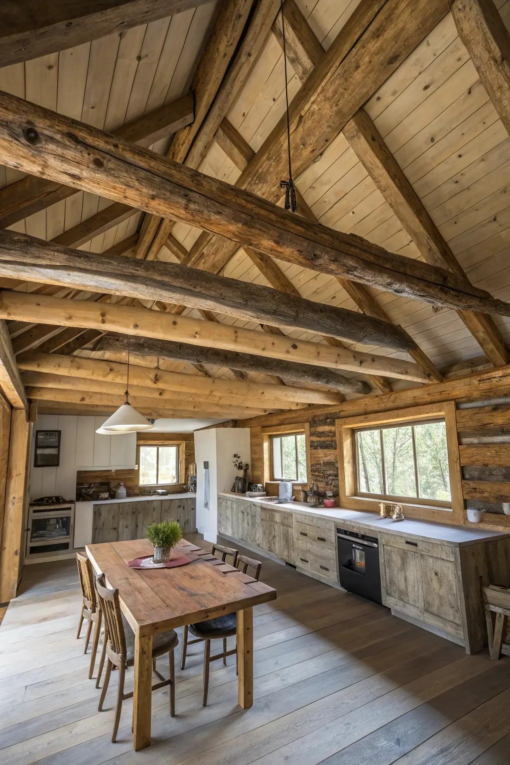 A spacious log cabin kitchen with striking exposed wooden beams.