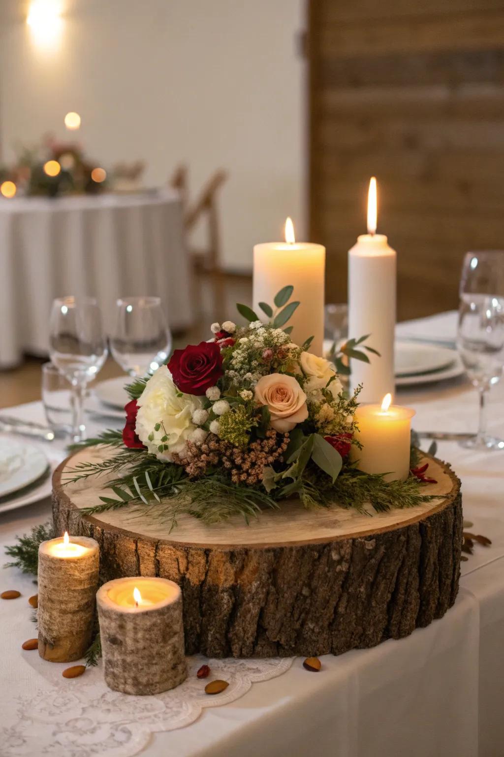 A dining table featuring a rustic log centerpiece.